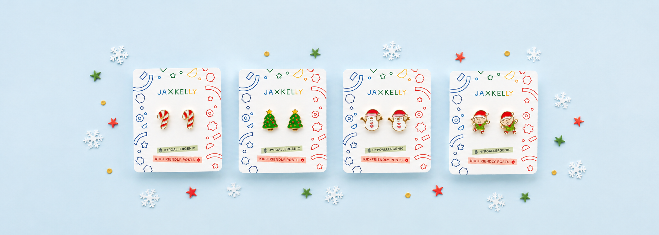 Four JaxKelly earring sets with festive holiday designs—candy canes, Christmas tree, snowmen, and elves—are arranged in a row on a light blue background with scattered stars and snowflakes.