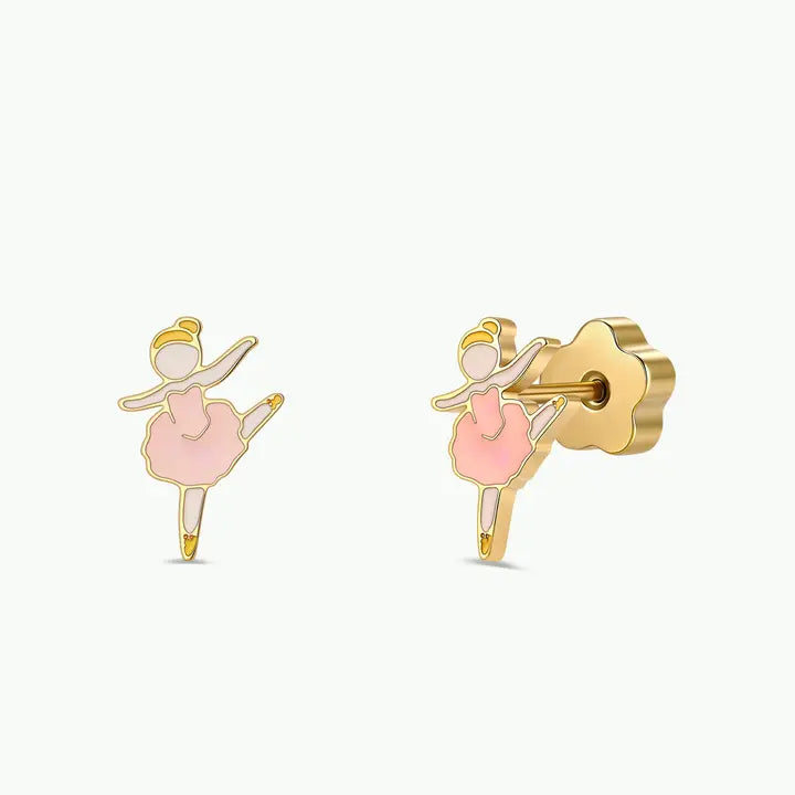 JaxKelly Ballerina Enamel Flat Back Kids Earrings featuring hypoallergenic gold studs shaped like ballerinas in pink enamel tutus with flower-shaped backings.