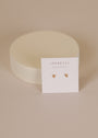 The Teardrop Stud - Champagne CZ earrings with sparkling stones and sterling silver posts are displayed on a white JaxKelly card in front of a round beige stand against a neutral background.