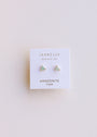 The Amazonite Mini Energy Gems - Hope are small, triangular studs with 18k gold plating and sterling silver posts, displayed on a white JaxKelly card reading WEAR GOOD VIBES, AMAZONITE, and hope against a light background.