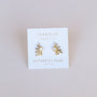A pair of Sun Ray - Mother of Pearl earrings with gold sunburst design and calming centers, displayed on a white JaxKelly card. Gold plated with sterling silver posts for comfortable wear.