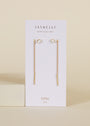 JaxKelly’s Studded Threader - White Opal earrings, displayed on a branded card, feature 18K gold plated chains with slim bar pendants and opal accents, shown against a neutral background.