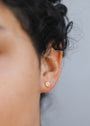 Close-up of a person’s ear with curly dark hair, wearing the Amber Sun Stud—a small, gold-plated flower-shaped earring with an amber stone center. Background is plain and softly blurred.