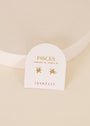 The Zodiac Earrings - Pisces feature small 18k gold plated star-shaped studs on a white card reading "PISCES February 19 - March 20" and "JAXKELLY" in gold, set against a soft beige background.