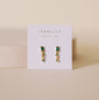 A pair of JaxKelly Mini Baguette Drop Earrings – Emerald CZ with green rectangular stones and gold plated accents displayed on a white JaxKelly card reading "Wear Good Vibes," set against a neutral beige background.