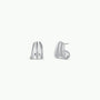The Silver Three Hoop Huggie is a pair of minimalist sterling silver earrings with a modern, triple-curve design, shown against a plain white background.