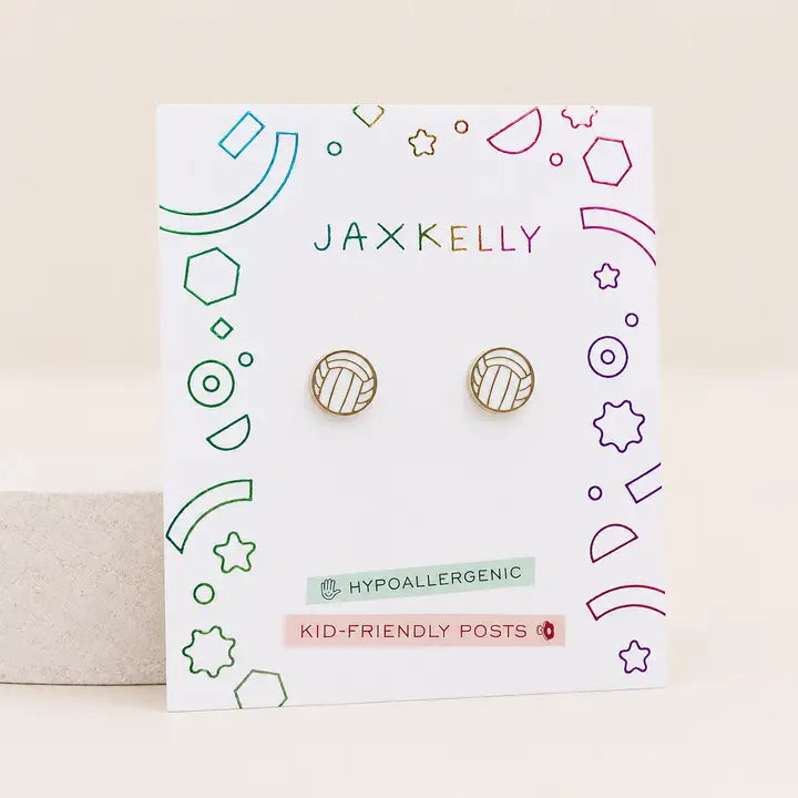Volleyball Enamel Flat Back Kids Earrings featuring a volleyball design with black lines on a branded JaxKelly display card.