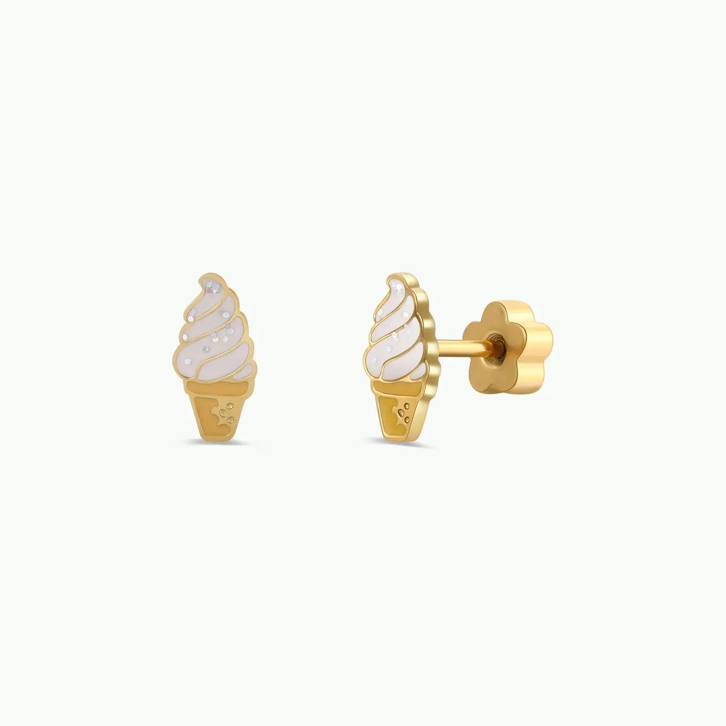 The Ice Cream Enamel Flat Back Kids Earrings feature gold ice cream cone shapes with a white enamel swirl and dots, displayed on a plain light background.