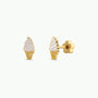 The Ice Cream Enamel Flat Back Kids Earrings feature gold ice cream cone shapes with a white enamel swirl and dots, displayed on a plain light background.