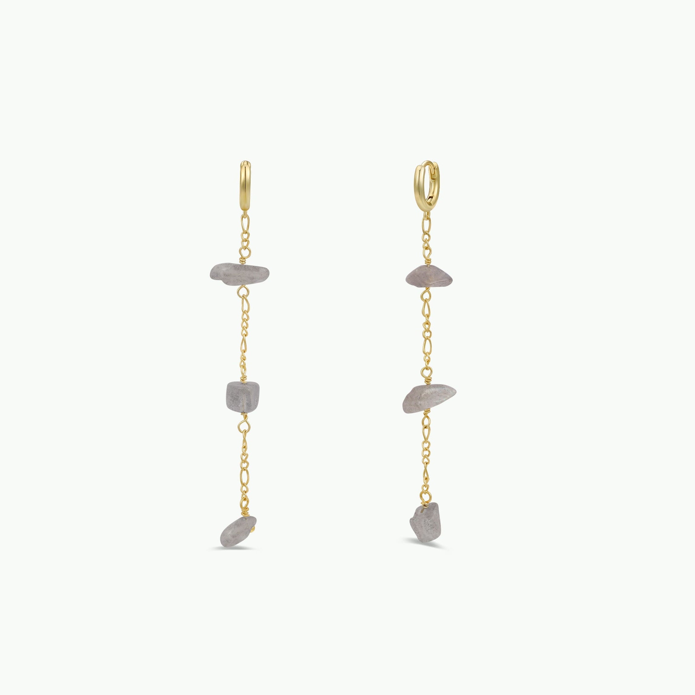 The Raw Gemstone Chain Drop Earring - Rainbow Moonstone showcases three irregular gray rainbow moonstone beads along delicate, tarnish-free gold chains, beautifully displayed against a plain white background.