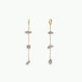 The Raw Gemstone Chain Drop Earring - Rainbow Moonstone showcases three irregular gray rainbow moonstone beads along delicate, tarnish-free gold chains, beautifully displayed against a plain white background.