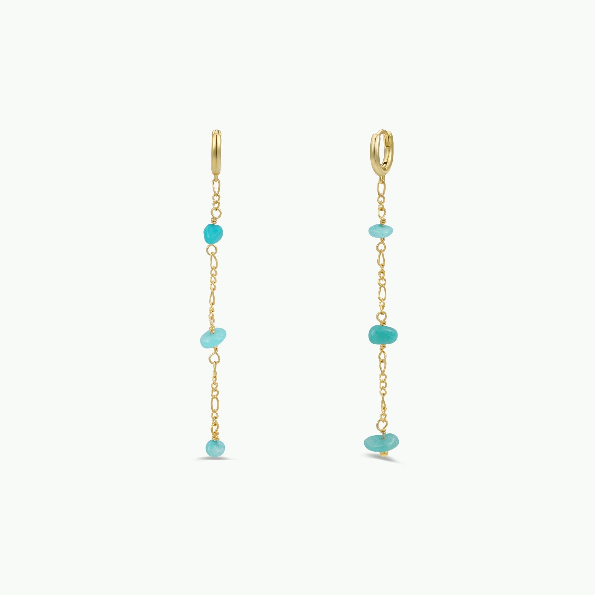 The Raw Gemstone Chain Drop Earring - Amazonite features two gold chain drop earrings adorned with small turquoise amazonite beads, arranged along the chain. Tarnish-free and delicate, they add a subtle pop of color to any outfit.