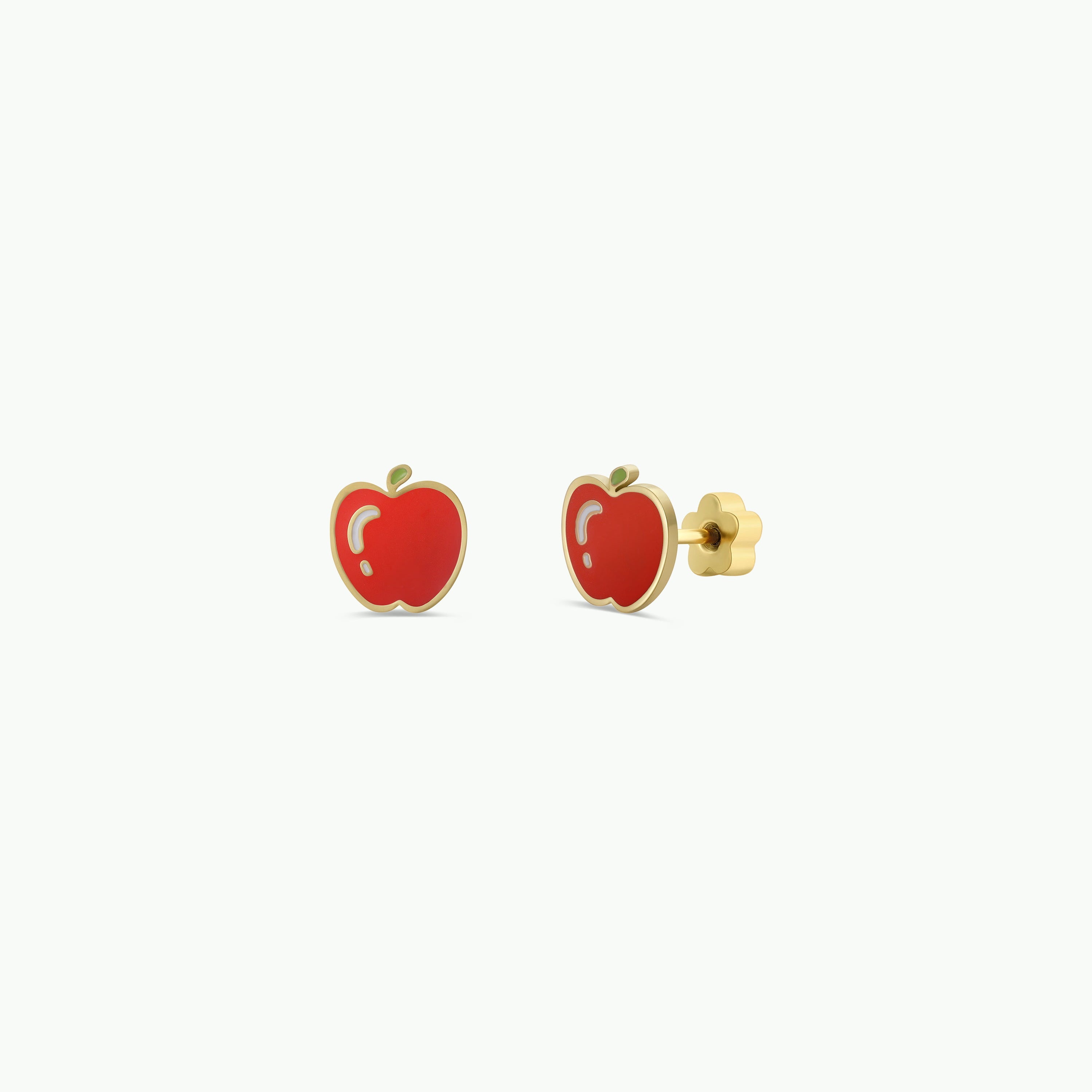 Apple Enamel Flat Back Kids Earrings feature red apple shapes with green leaves, a gold outline, and hypoallergenic backs, displayed on a plain white background.