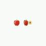 Apple Enamel Flat Back Kids Earrings feature red apple shapes with green leaves, a gold outline, and hypoallergenic backs, displayed on a plain white background.