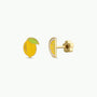 The Lemon Enamel Flat Back Kids Earrings feature a whole lemon with a green leaf and a lemon slice with yellow and white accents; both are hypoallergenic and have butterfly backs.