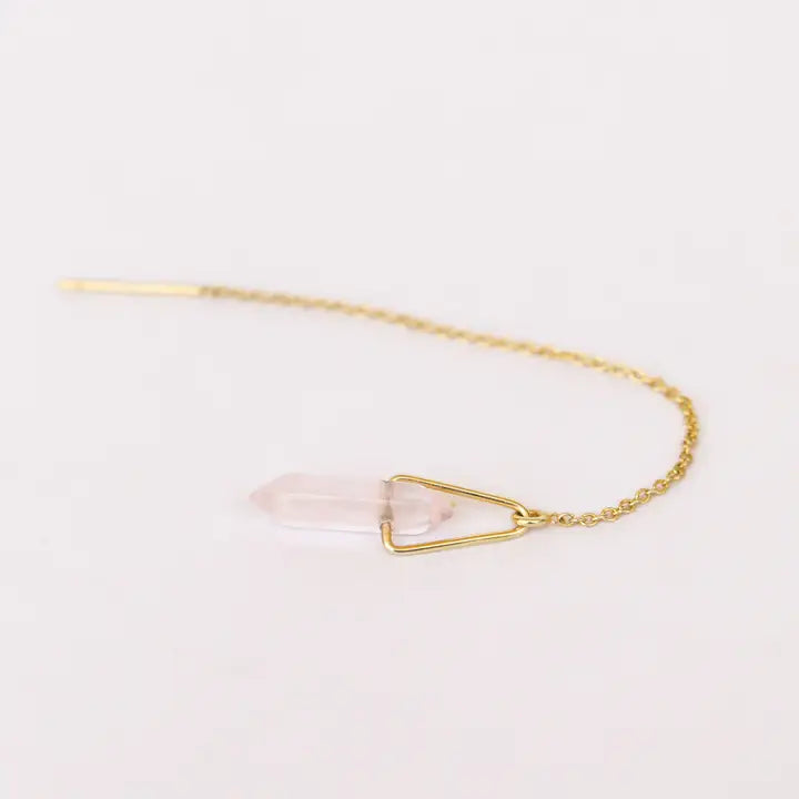 The JaxKelly Gemstone Threader - Rose Quartz is a minimalist gold chain earring with a rose quartz crystal pendant in a geometric frame, showcased on a white background.