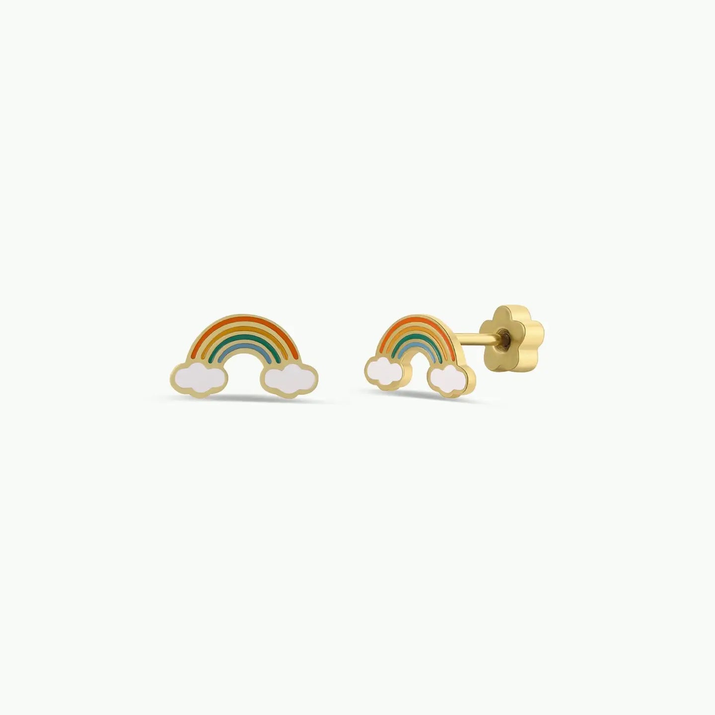 Rainbow Enamel Flat Back Kids Earrings feature gold studs shaped like rainbows with white clouds, colorful green, orange, and yellow arcs, and cute flower backs. Perfect for sensitive ears.