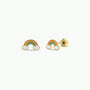 Rainbow Enamel Flat Back Kids Earrings feature gold studs shaped like rainbows with white clouds, colorful green, orange, and yellow arcs, and cute flower backs. Perfect for sensitive ears.