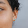 Close-up of a person’s ear wearing the Sun Ray - Turquoise earring, a gold-plated stud with a central turquoise stone and radiating gold rays, set against a blurred gray background.