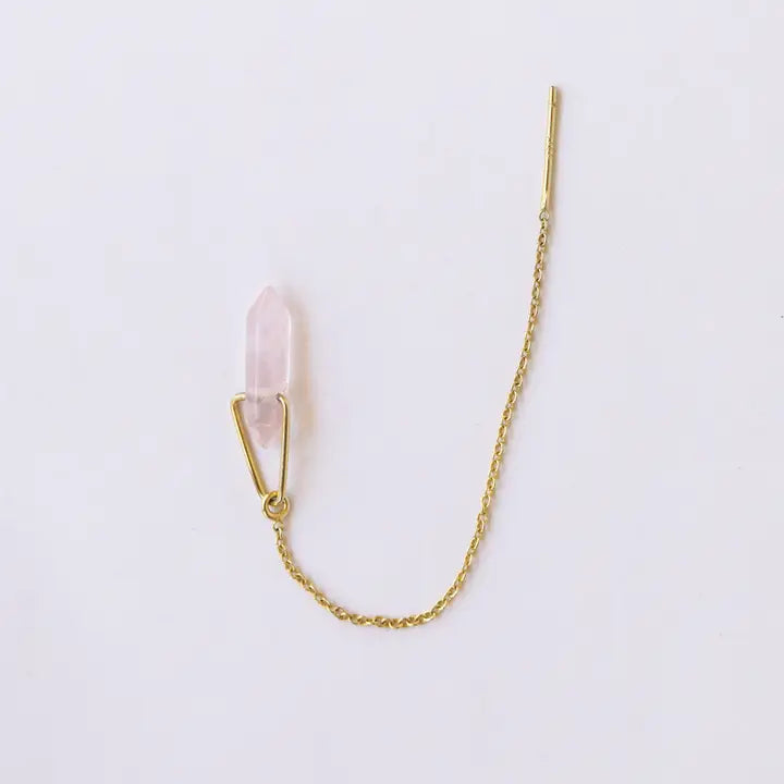 The JaxKelly Gemstone Threader - Rose Quartz earring features a delicate gold threader with a thin bar at one end and a rose quartz crystal point in a gold triangular setting, perfect for minimalist jewelry lovers. Displayed on a white background.