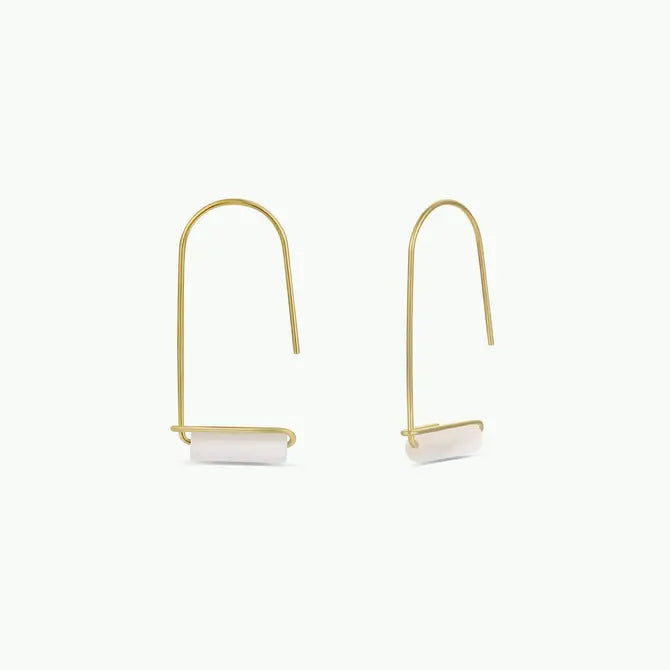JaxKelly’s Mother of Pearl Gemstone Drop - Calming earrings showcase a minimalist gold-plated design with rectangular Mother of Pearl accents and simple hooks, exuding modern elegance against a plain light background.
