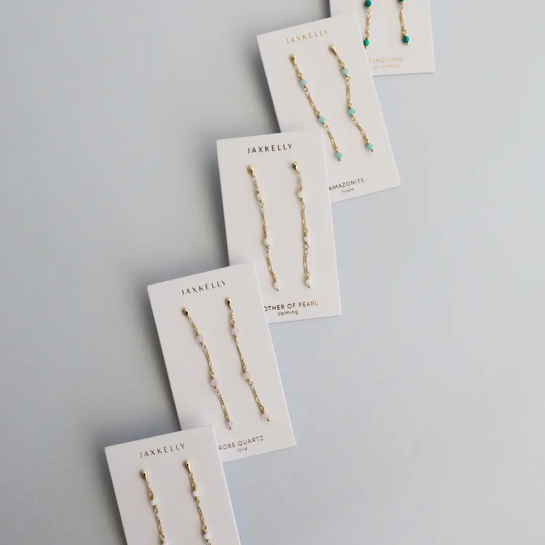 Five pairs of JaxKelly Gemstone Chain Drop - Amazonite earrings with 18k gold plating are displayed vertically on white cards, each labeled with a gemstone name, on a light gray background.