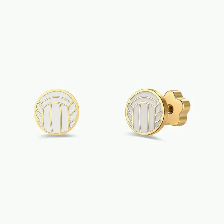 JaxKelly Volleyball Enamel Flat Back Kids Earrings: gold stud earrings in the shape of a white volleyball, crafted from hypoallergenic surgical-grade stainless steel.