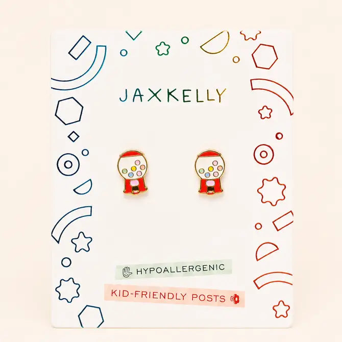 A pair of Gumball Enamel Flat Back Kids Earrings from JaxKelly, displayed on a branded card labeled Hypoallergenic and Kid-Friendly Posts with a vibrant geometric border, expertly crafted as hypoallergenic earrings and finished with an 18K gold plated accent for extra shine.