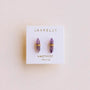 A pair of gold wire-wrapped amethyst stud earrings from JaxKelly, shown on a white card reading "Amethyst Mineral Point - Healing" against a beige background. These gold-plated, tarnish-free earrings are ideal for daily wear.