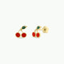 Cherry Enamel Flat Back Kids Earrings: Gold, hypoallergenic studs shaped like cherries with red fruit and a green leaf, ideal for sensitive ears. Perfect for kids and displayed on a plain white background.