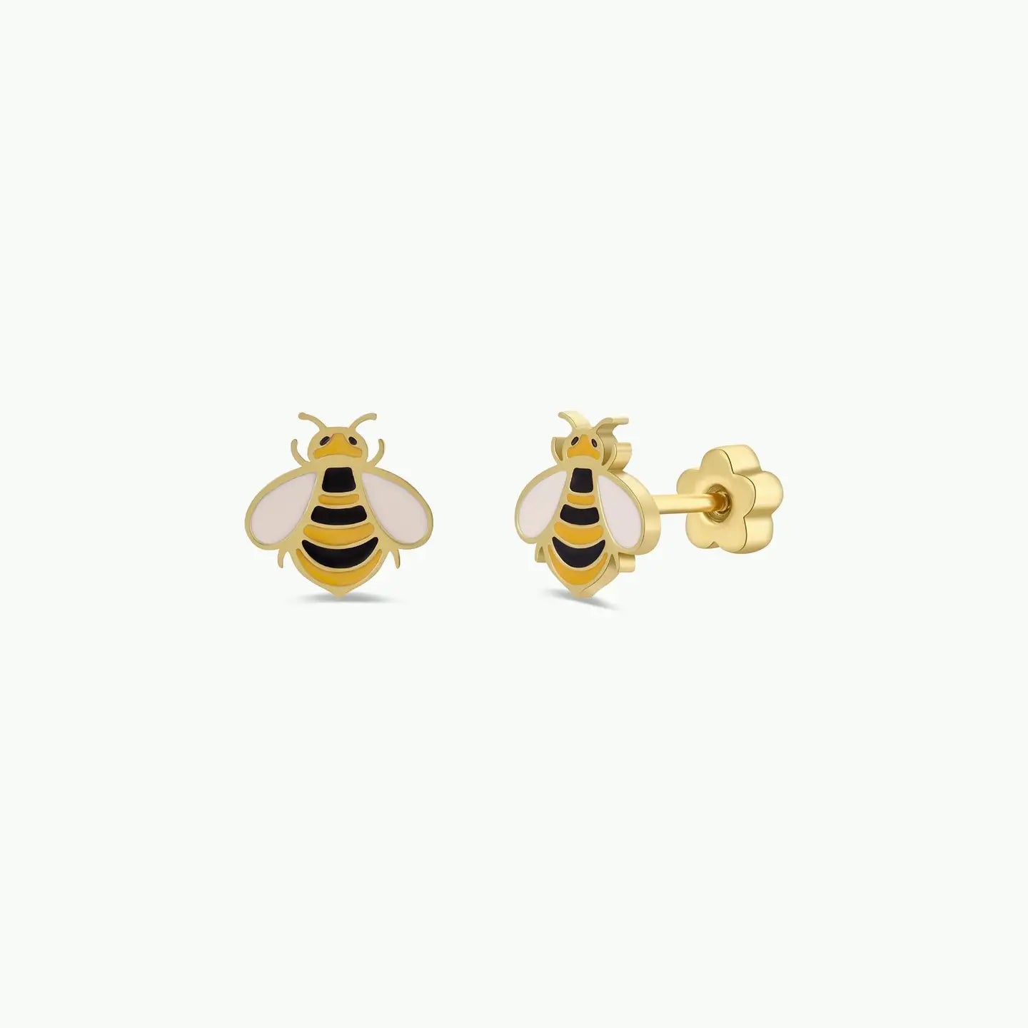 The Bumble Bee Enamel Flat Back Kids Earrings feature black and yellow striped bee shapes with white wings and flower-shaped backings, making them perfect hypoallergenic earrings for sensitive ears—shown on a white background.