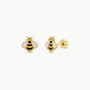 The Bumble Bee Enamel Flat Back Kids Earrings feature black and yellow striped bee shapes with white wings and flower-shaped backings, making them perfect hypoallergenic earrings for sensitive ears—shown on a white background.
