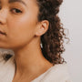 A woman with curly hair and a white top is shown in close-up, wearing the JaxKelly Gemstone Threader - Amazonite, a delicate gold plated threader earring featuring an amazonite stone accent.