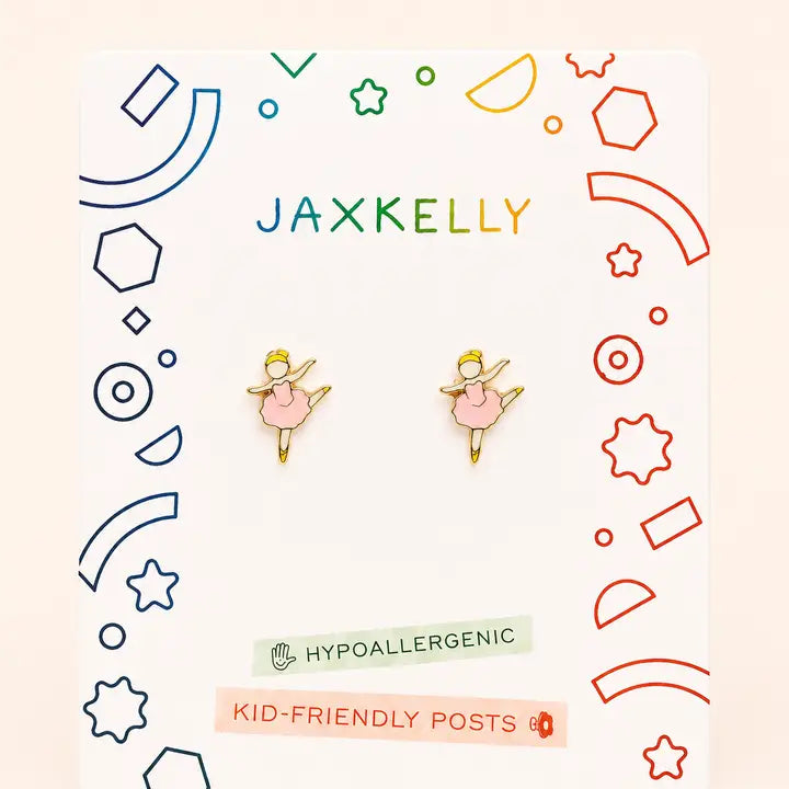 JaxKelly Ballerina Enamel Flat Back Kids Earrings featuring gold-tone ballerinas in pink dresses, displayed on a branded card as hypoallergenic kids earrings.