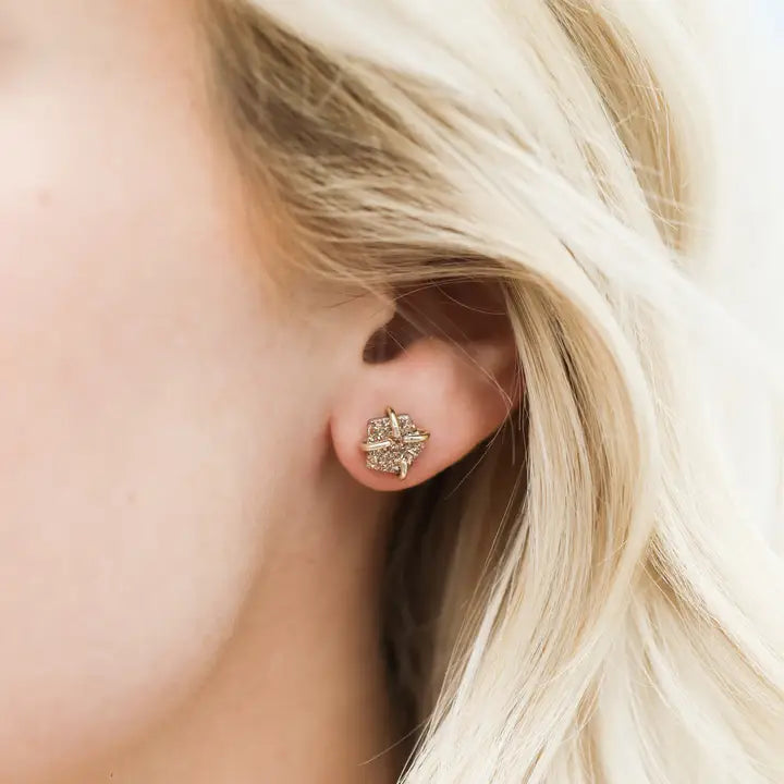 Close-up of a woman’s ear wearing JaxKelly’s Rose Gold Druzy Prong earring, a flower-shaped stud with sparkling stones and 18k gold plating. Her blonde hair frames her face, softly blurred in the background.