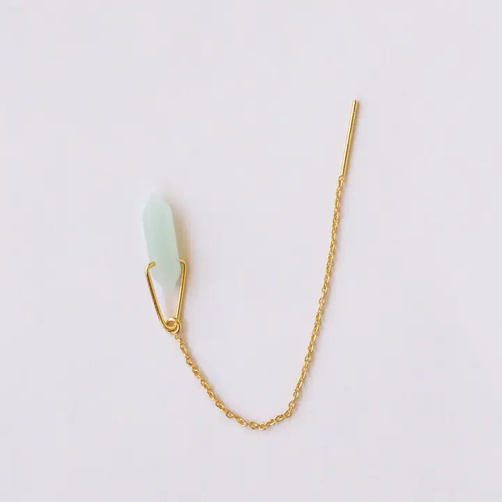 The JaxKelly Gemstone Threader - Amazonite showcases a delicate gold chain threader earring with a pale green Amazonite crystal pendant, secured by a gold loop and displayed on a plain white background.