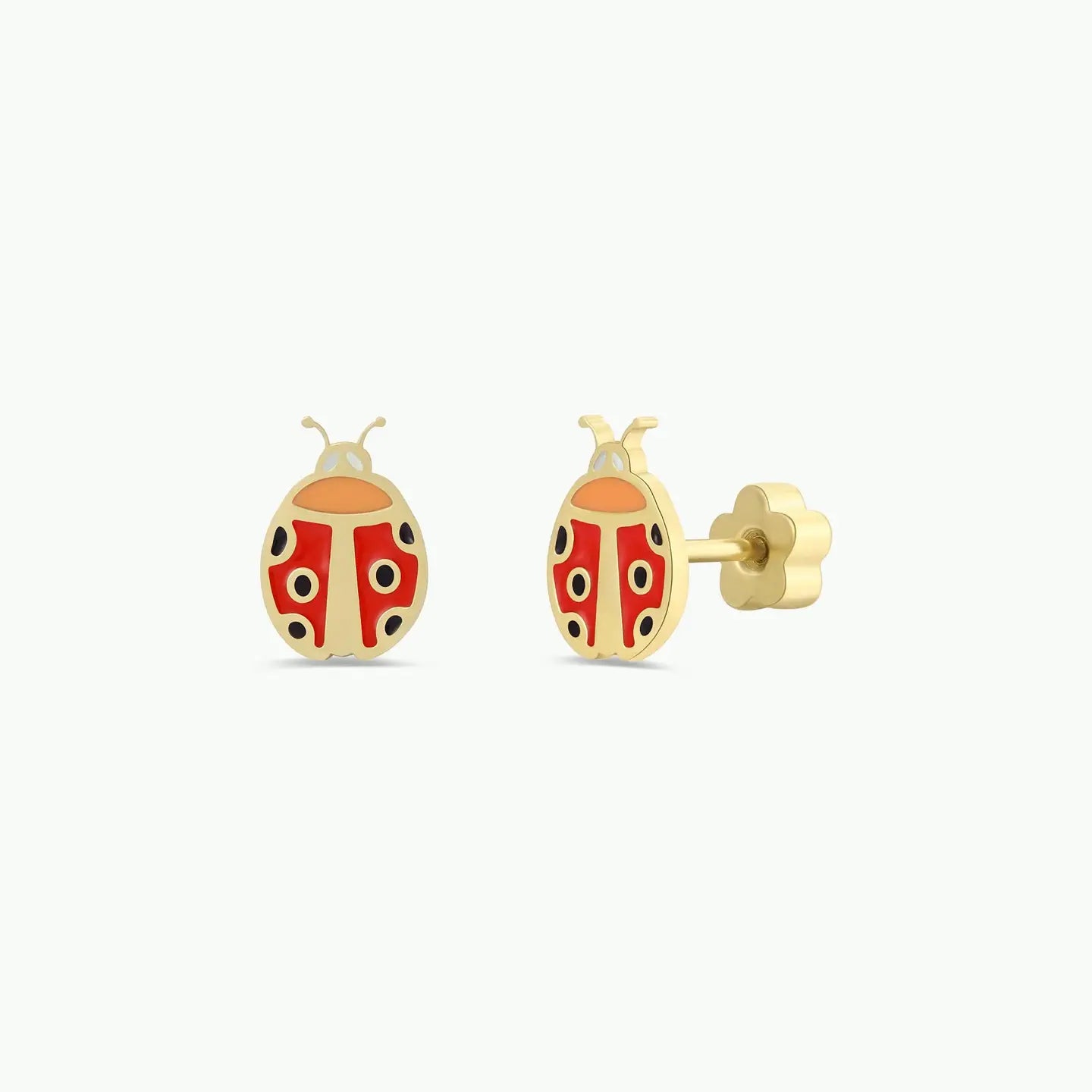Ladybug Enamel Flat Back Kids Earrings—gold studs shaped like ladybugs with red and black enamel, hypoallergenic for kids or sensitive ears, shown on a plain white background.