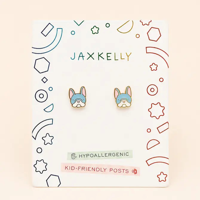 A pair of Frenchie Enamel Flat Back Kids Earrings is displayed on a decorative card labeled JaxKelly, with “Hypoallergenic” and “Kid-Friendly Posts” printed below the earrings. These hypoallergenic earrings are perfect for sensitive ears, providing both comfort and style for little ones.
