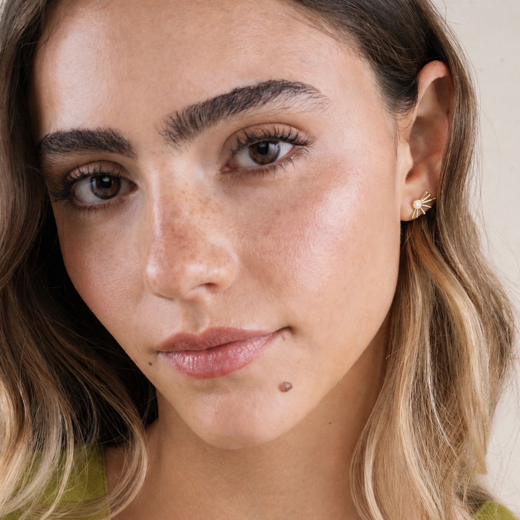 A close-up of a young woman with brown eyes, defined brows, and light brown hair. She is wearing JaxKelly Sun Ray - Mother of Pearl stud earrings and a light green top, with a small beauty mark above her lip.