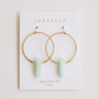 Elevate your look with the Amazonite Hoop - Hope earrings by JaxKelly—gold hoop earrings featuring faceted pale green amazonite crystal pendants, beautifully displayed on a signature JaxKelly card.