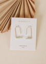 JaxKelly’s Amazonite Gemstone Drop - Hope earrings feature 18k gold plating and light green stones, shown on a branded card against a soft beige background with a folded paper fan accent.