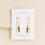 The Gemstone Threader - Smoky Quartz earrings by JaxKelly feature crystal pendants and are displayed on a white card with “Smoky Quartz protection” in gold, set against a beige background.