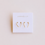 A white card with JaxKelly in gold showcases two pairs of Minimalist Horseshoe gold plated earrings—ideal for everyday wear—against a light beige background.