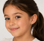 A young girl with long brown hair smiles softly, wearing a cream top and JaxKelly’s Watermelon Enamel Flat Back Kids Earring—perfect for sensitive ears. The background is plain and light-colored.