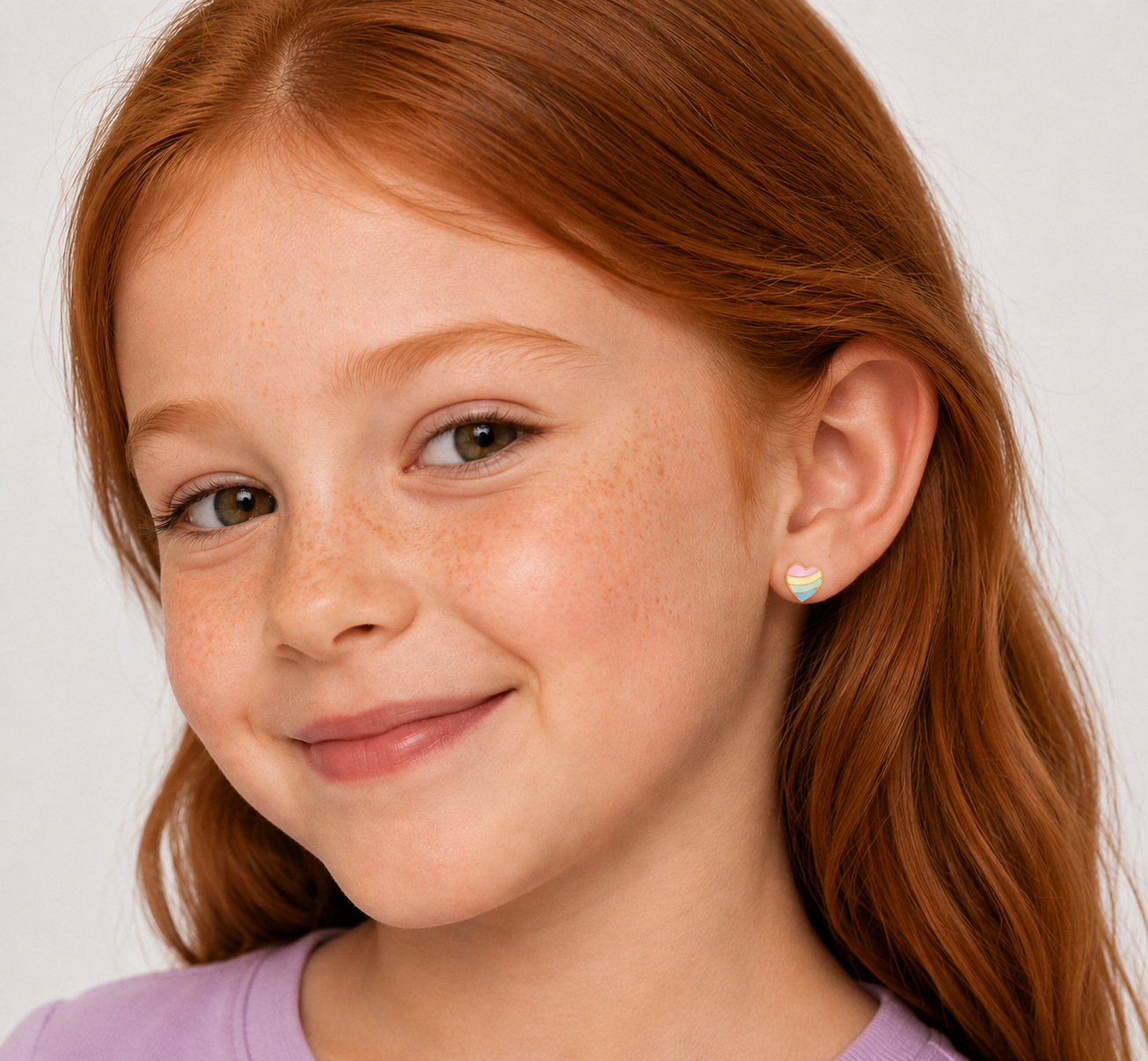 A young girl with long red hair and freckles smiles softly, wearing a lavender shirt and JaxKelly Heart Enamel Flat Back Kids Earrings, perfect for sensitive ears, as she faces slightly to the side against a neutral background.