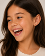A young girl with long brown hair smiles brightly, wearing a cream-colored top and JaxKelly Ladybug Enamel Flat Back Kids Earrings made from hypoallergenic, surgical-grade stainless steel. The softly lit background is neutral.