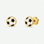 JaxKelly Soccer Enamel Flat Back Kids Earrings featuring gold studs shaped like black and white soccer balls with flower-shaped backings, designed as hypoallergenic for sensitive ears.