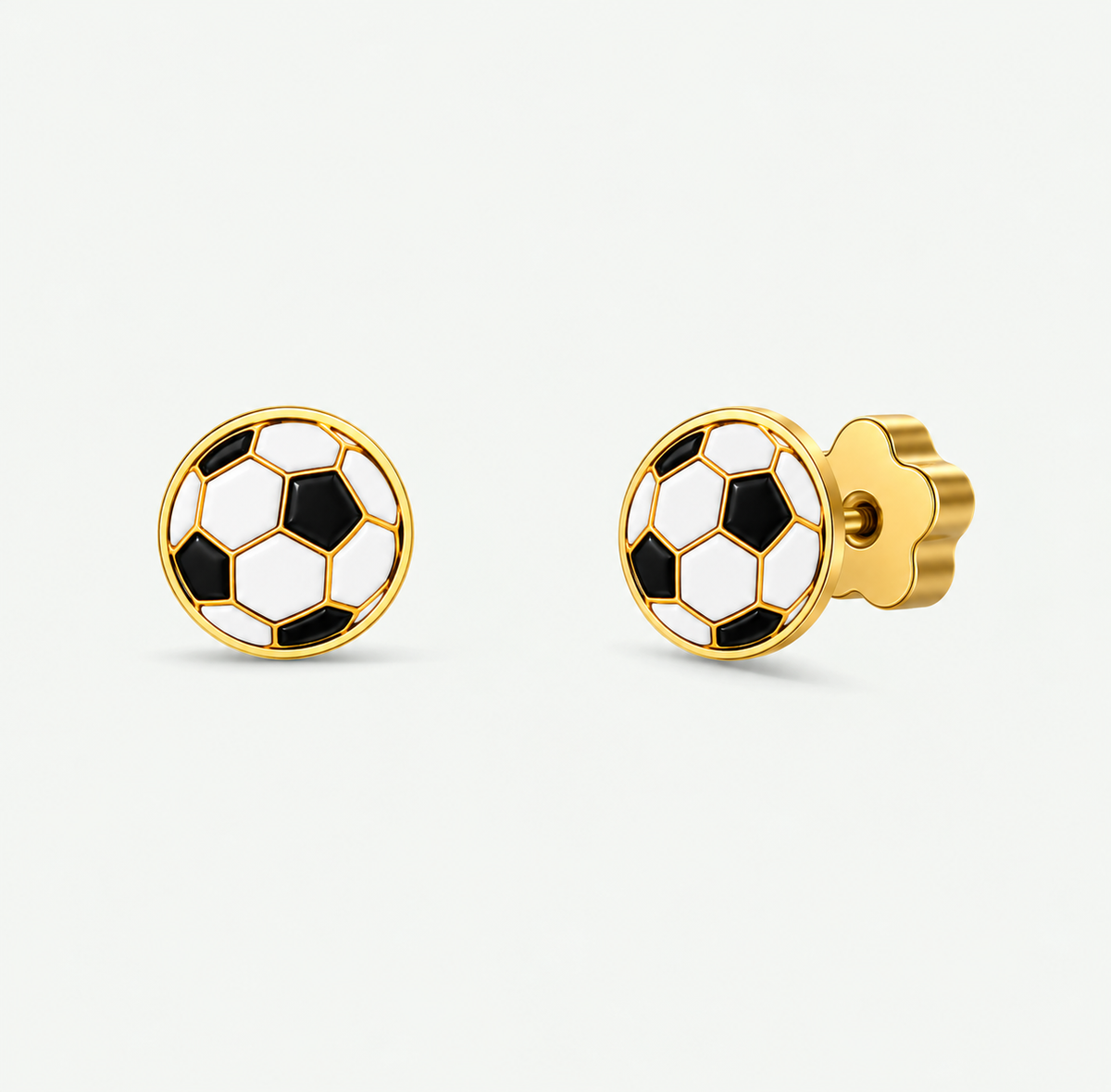 JaxKelly Soccer Enamel Flat Back Kids Earrings featuring gold studs shaped like black and white soccer balls with flower-shaped backings, designed as hypoallergenic for sensitive ears.