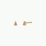 The Teardrop Stud - Champagne CZ earrings feature 18k gold-plated studs and sterling silver posts, each with a small, clear champagne cubic zirconia in a triangular setting, displayed from front and side on a white background.
