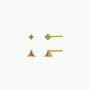 The Birthstone Stud Earring Set - August features one pair of small round green birthstone earrings in a four-prong setting and one pair of triangular orange gemstone earrings in a three-prong setting, shown on a plain white background.